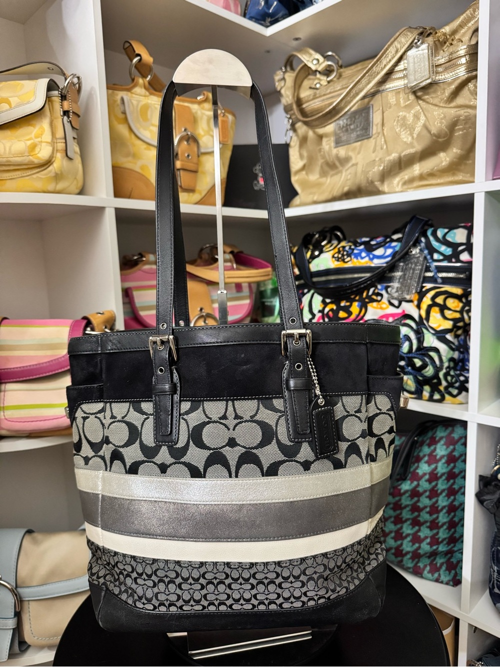 Coach Black and Gray Signature Stripe Tote